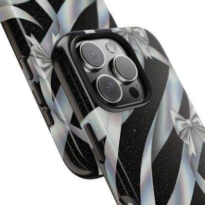 Silver Ribbon Bow Tough Phone Case — Glitter Black Protective Phone Case