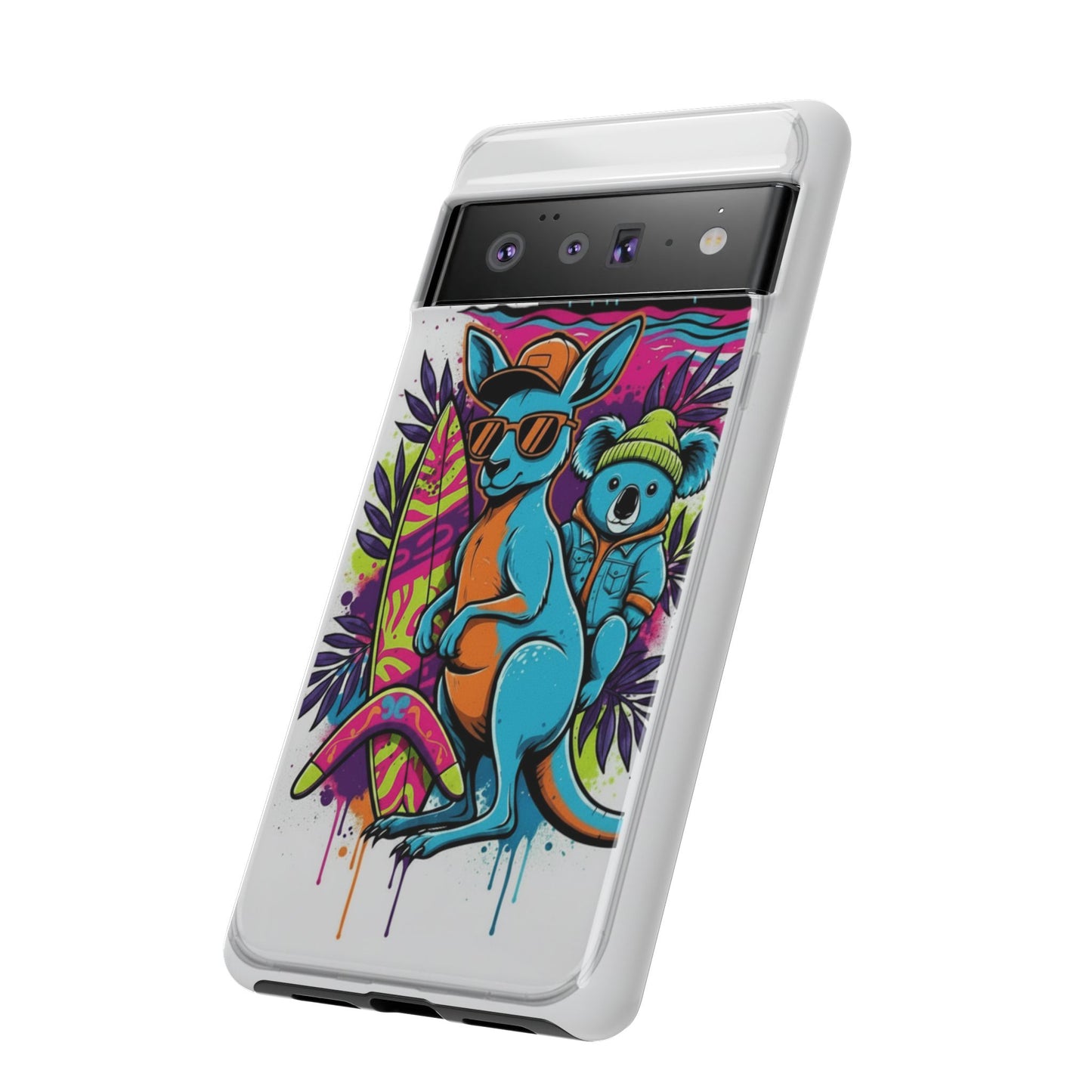 Kangaroo & Koala Surf Phone Case — Retro Neon Beach Art Tough Case