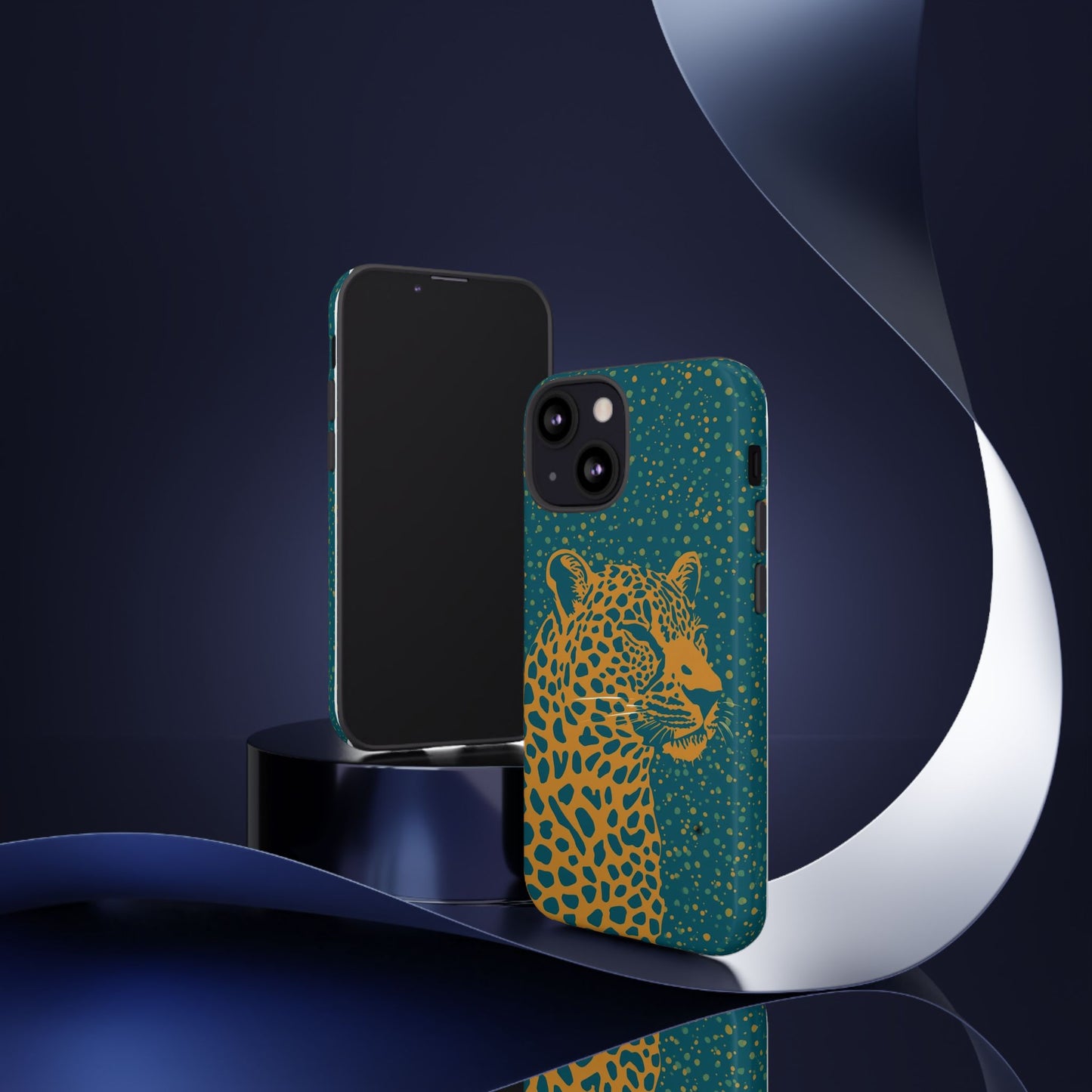 Leopard Spotlight Phone Case — Teal Gold Animal Print Protective Cover
