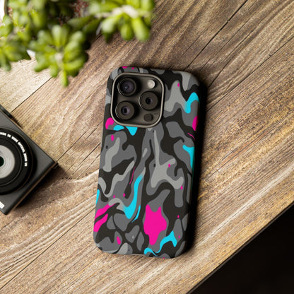 Camouflage Phone Case — Gray Camo with Neon Pink & Cyan Accent Tough Protective Cover