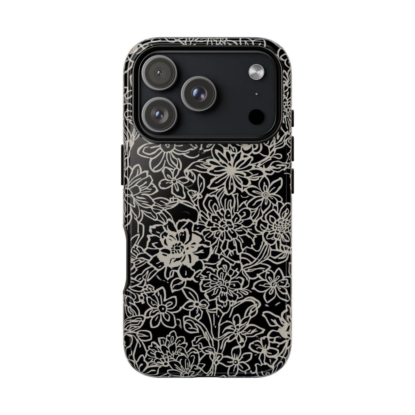 Floral Doodle Tough Phone Case — Black & White Sketch Flower Protective Cover