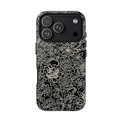Floral Doodle Tough Phone Case — Black & White Sketch Flower Protective Cover