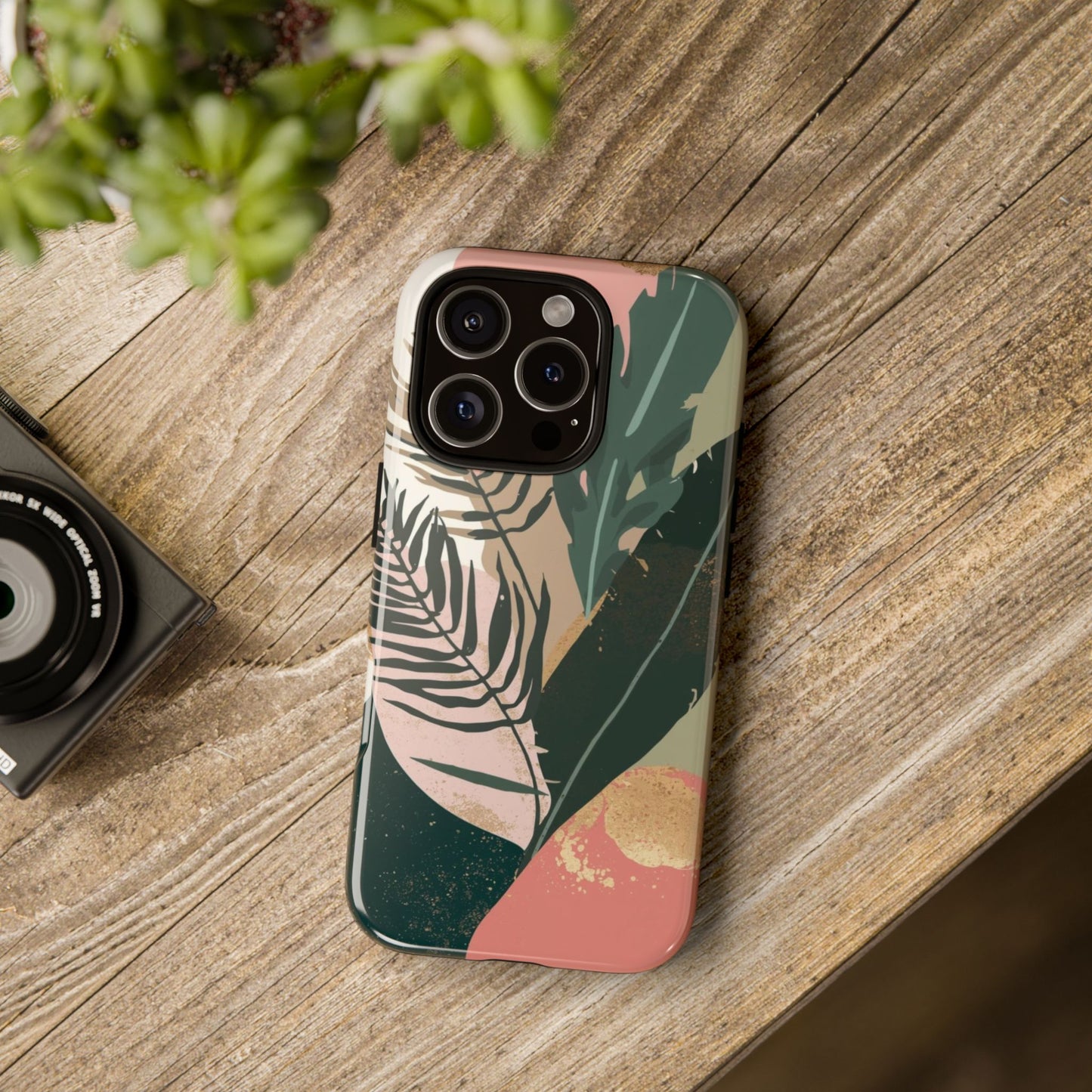 Tropical Leaf Tough Phone Case — Abstract Pink & Green Botanical Protective Cover