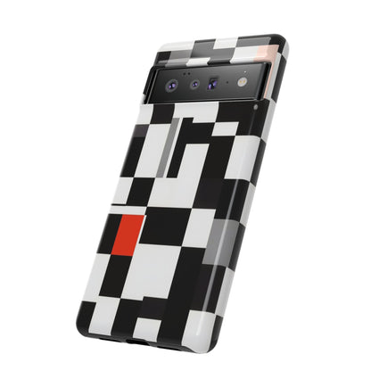 Abstract Geometric Phone Case – Black & White Checker Grid with Red Accent