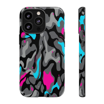 Camouflage Phone Case — Gray Camo with Neon Pink & Cyan Accent Tough Protective Cover