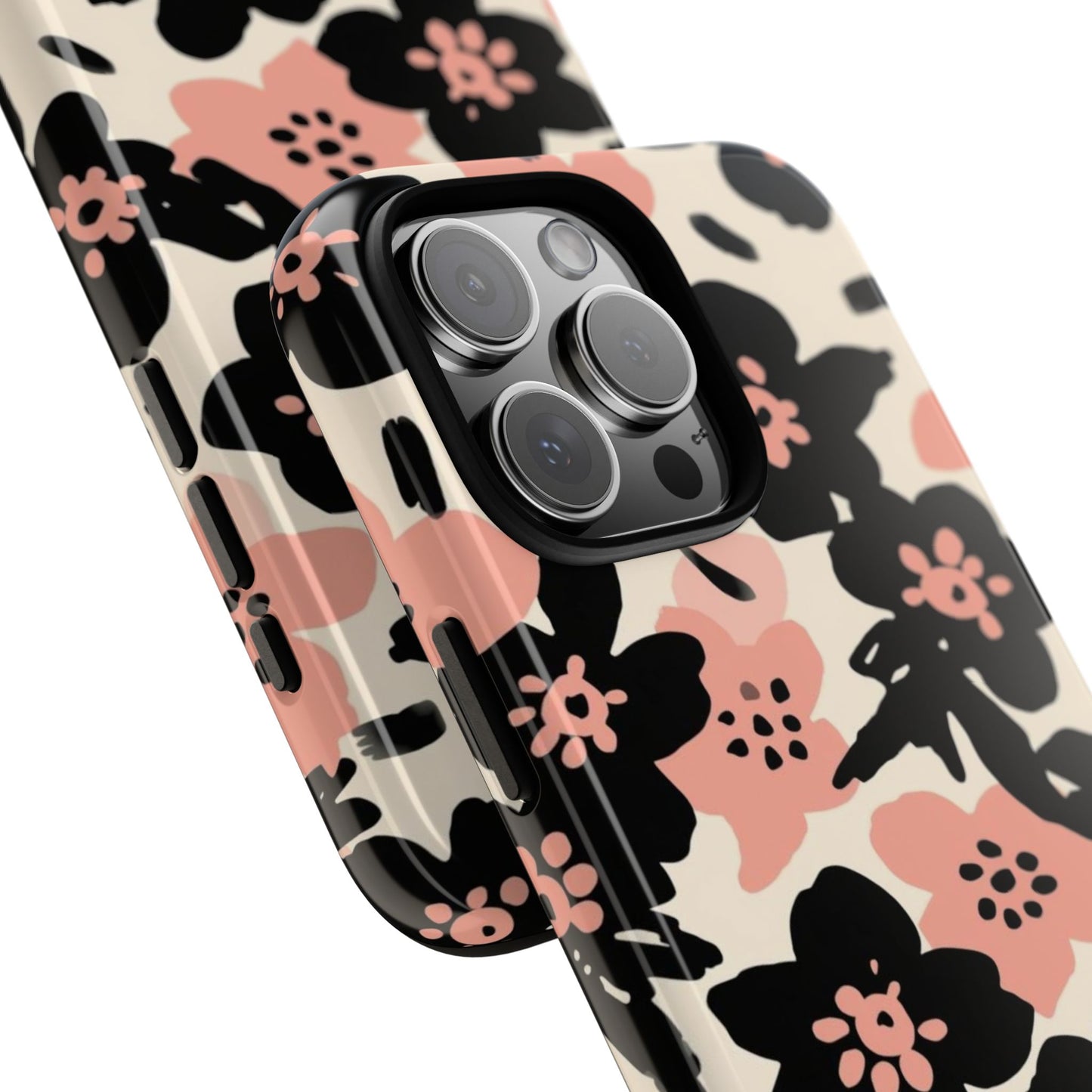 Floral Phone Case — Pink & Black Retro Blossom Protective Cover