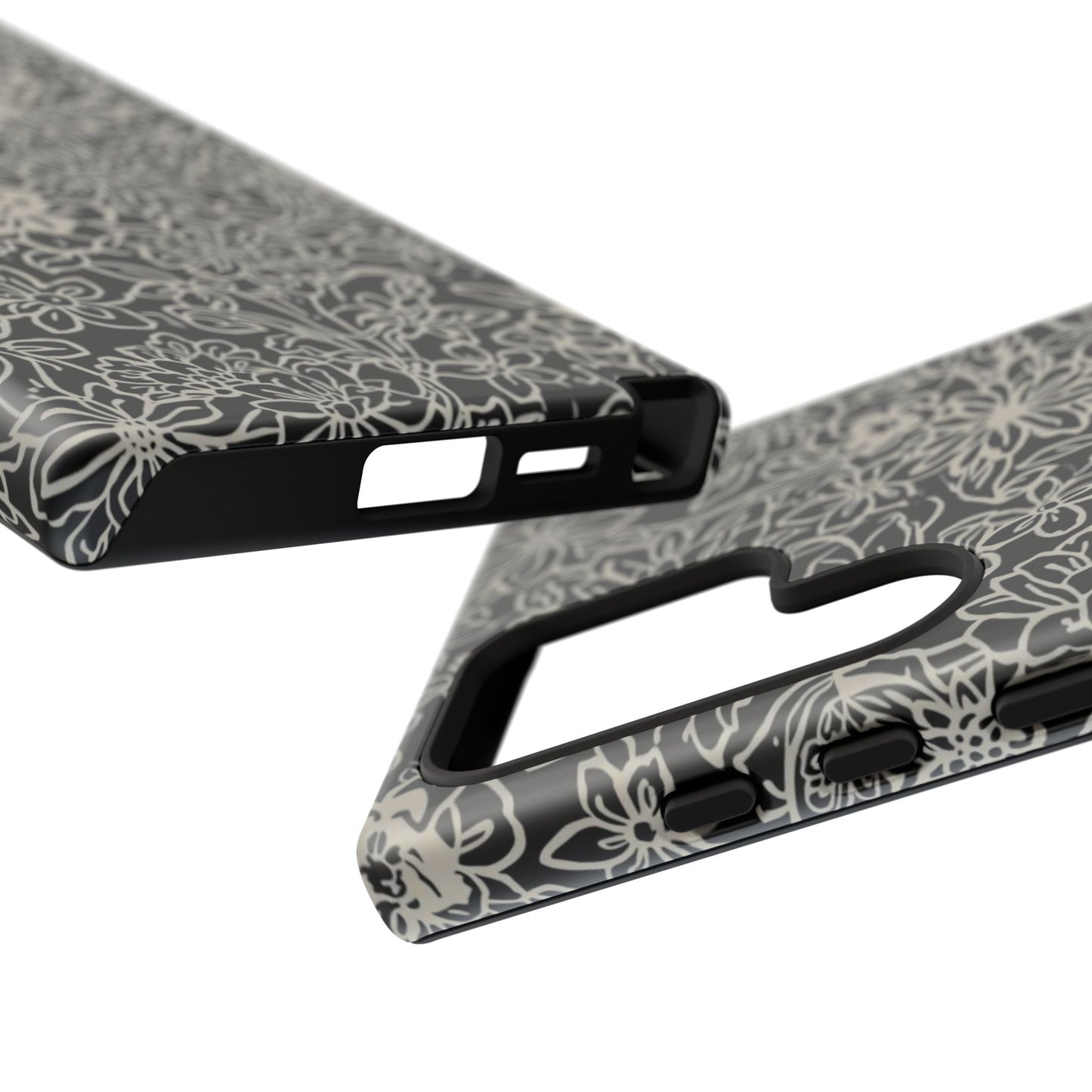 Floral Doodle Tough Phone Case — Black & White Sketch Flower Protective Cover