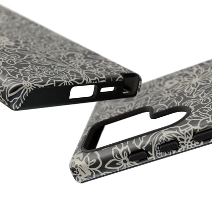 Floral Doodle Tough Phone Case — Black & White Sketch Flower Protective Cover