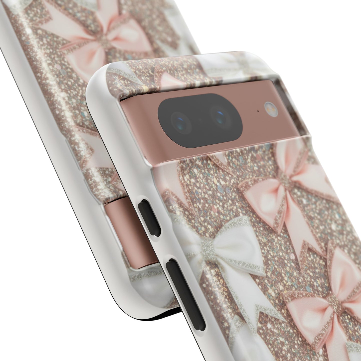 Glitter Bow Tough Phone Case — Pink & White Ribbon Protective Cover