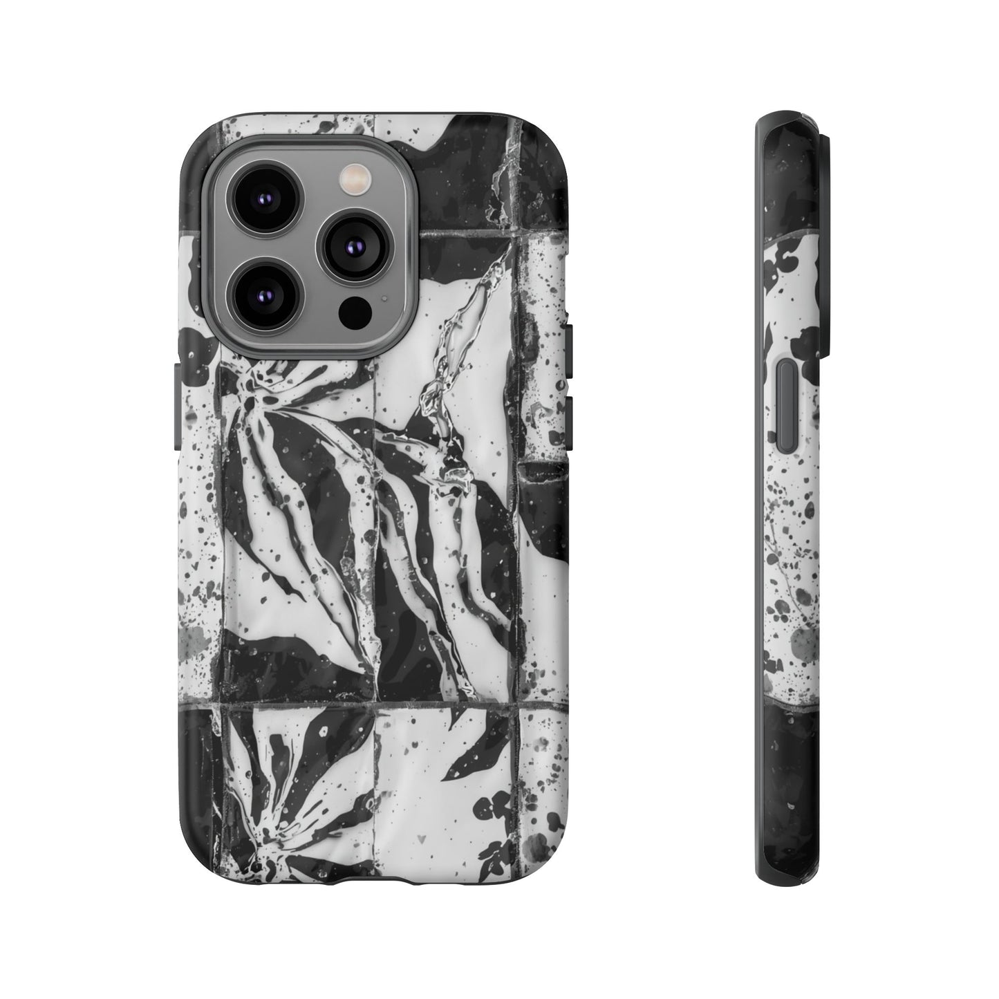 Monochrome Tile Floral Tough Phone Case