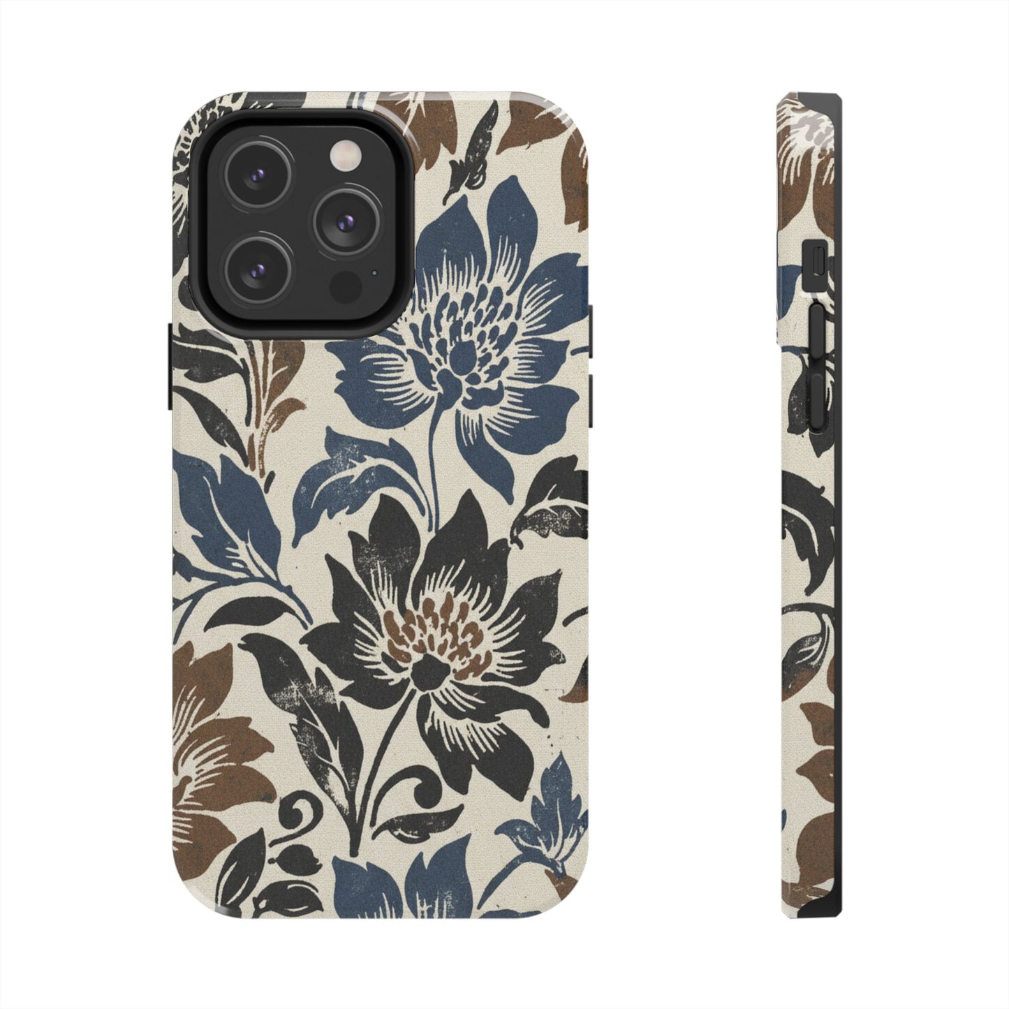 Floral Vintage Tough Phone Case — Blue & Brown Botanical Protection