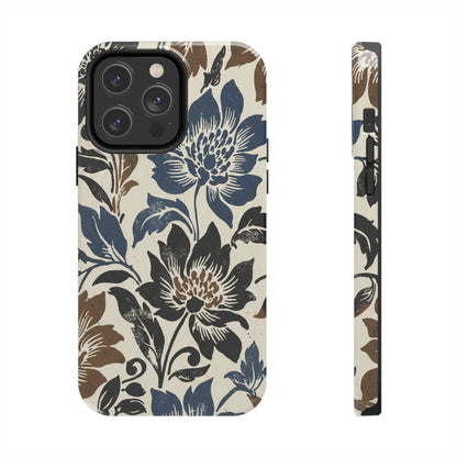 Floral Vintage Tough Phone Case — Blue & Brown Botanical Protection