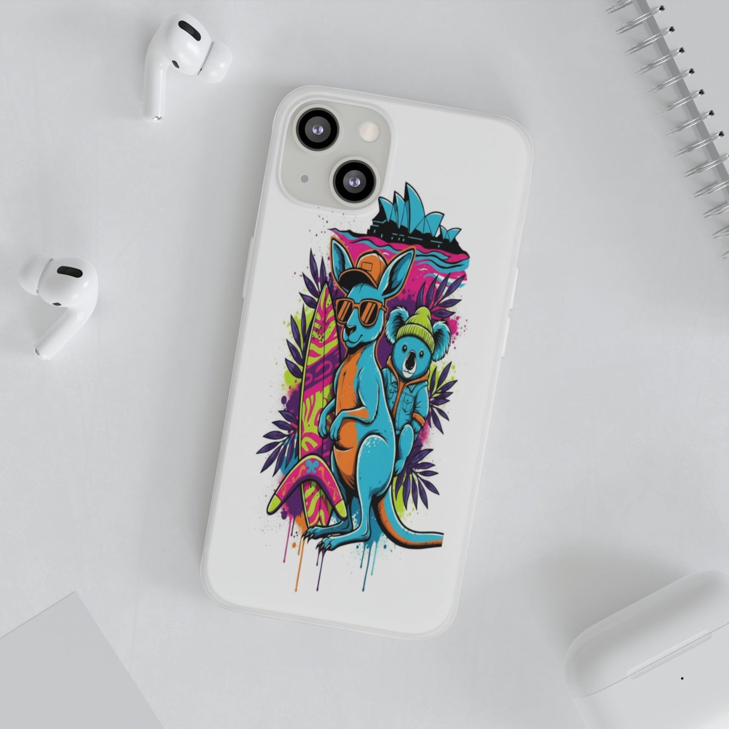 Kangaroo & Koala Surf Phone Case — Neon Aussie Beach Vibes Flexible Case