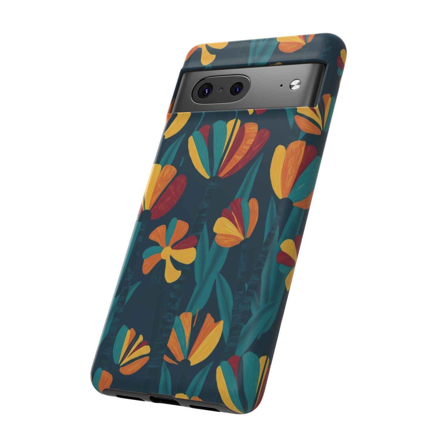 Floral Retro Teal Tough Phone Case — Vibrant Orange & Mustard Blooms