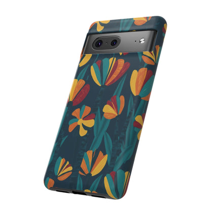 Floral Retro Teal Tough Phone Case — Vibrant Orange & Mustard Blooms