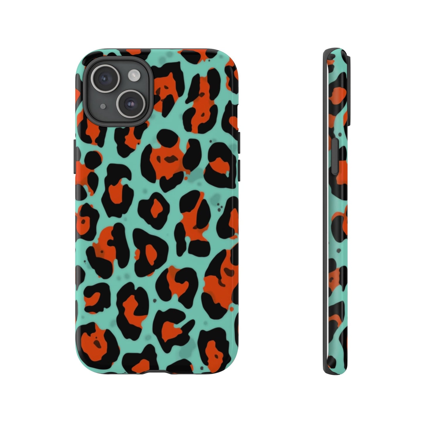 Leopard Print Tough Phone Case — Teal & Rust Protective iPhone Cover