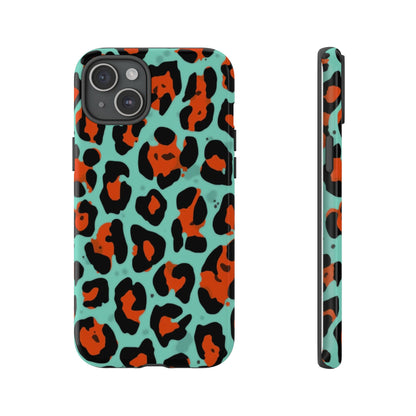 Leopard Print Tough Phone Case — Teal & Rust Protective iPhone Cover