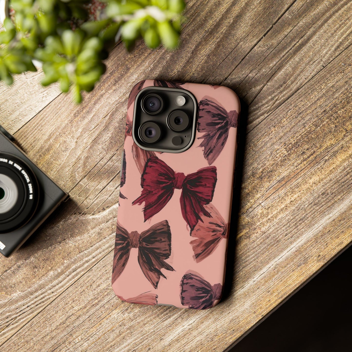 Bow Pattern Tough Phone Case — Pink Watercolor Bows Protective iPhone Cover