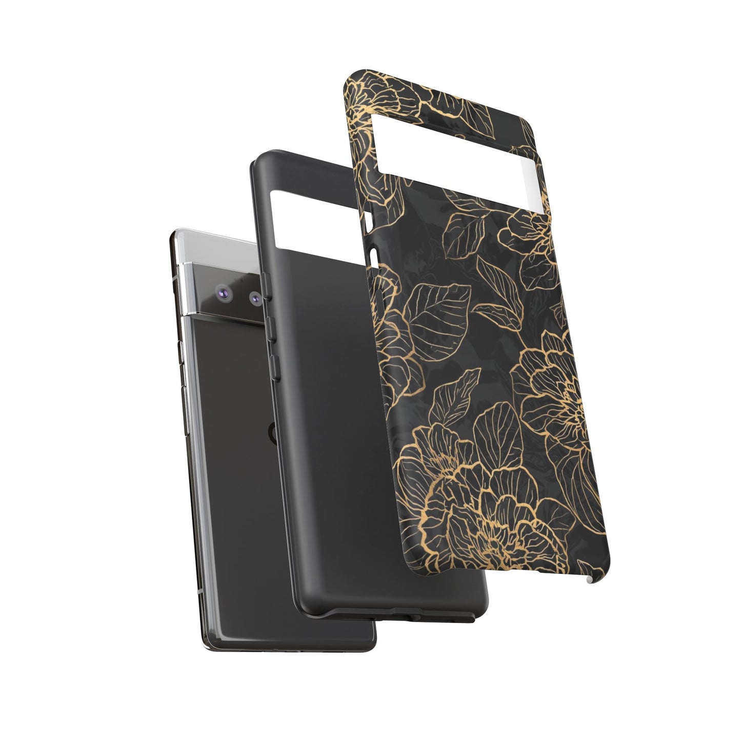 Floral Gold Outline Tough Phone Case – Black Botanical Protective Cover