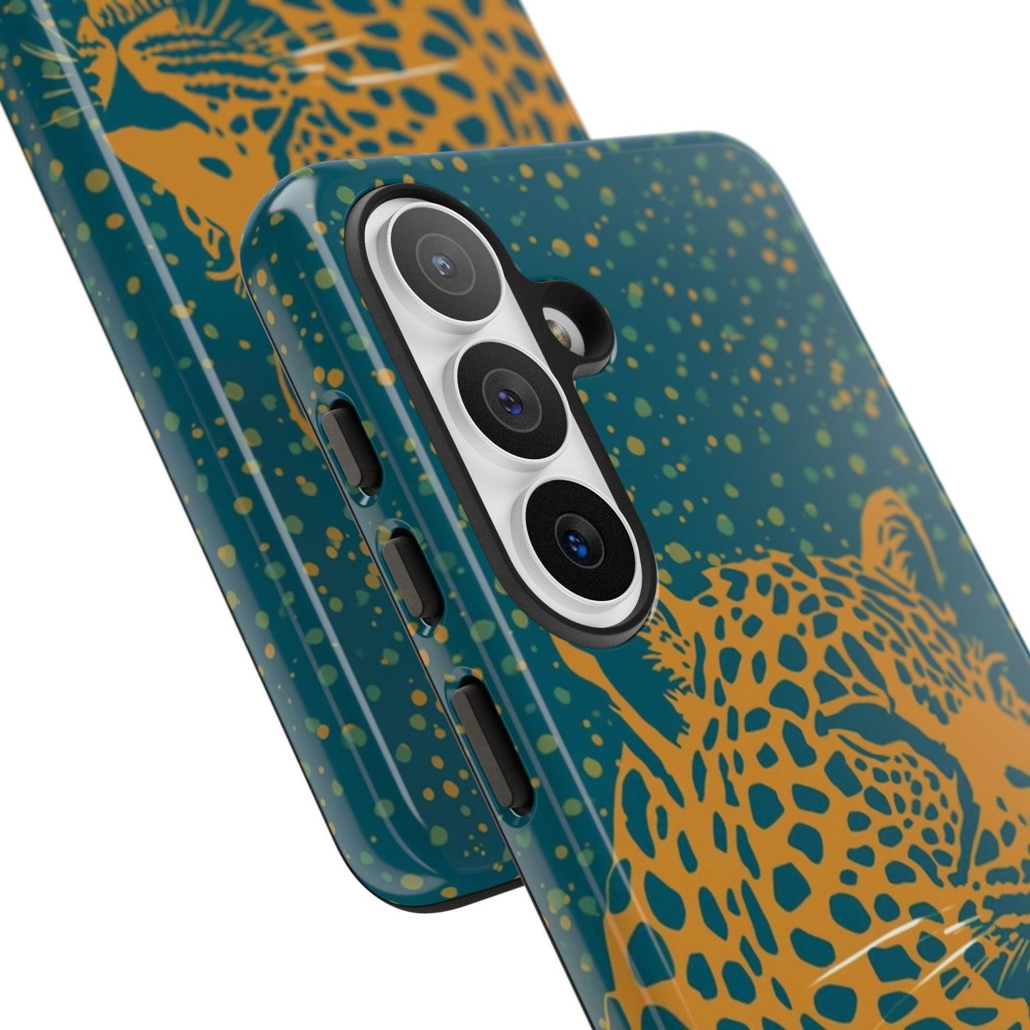 Leopard Print Tough Phone Case — Gold Panther on Teal, Protective iPhone Cover
