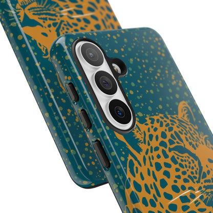 Leopard Print Tough Phone Case — Gold Panther on Teal, Protective iPhone Cover