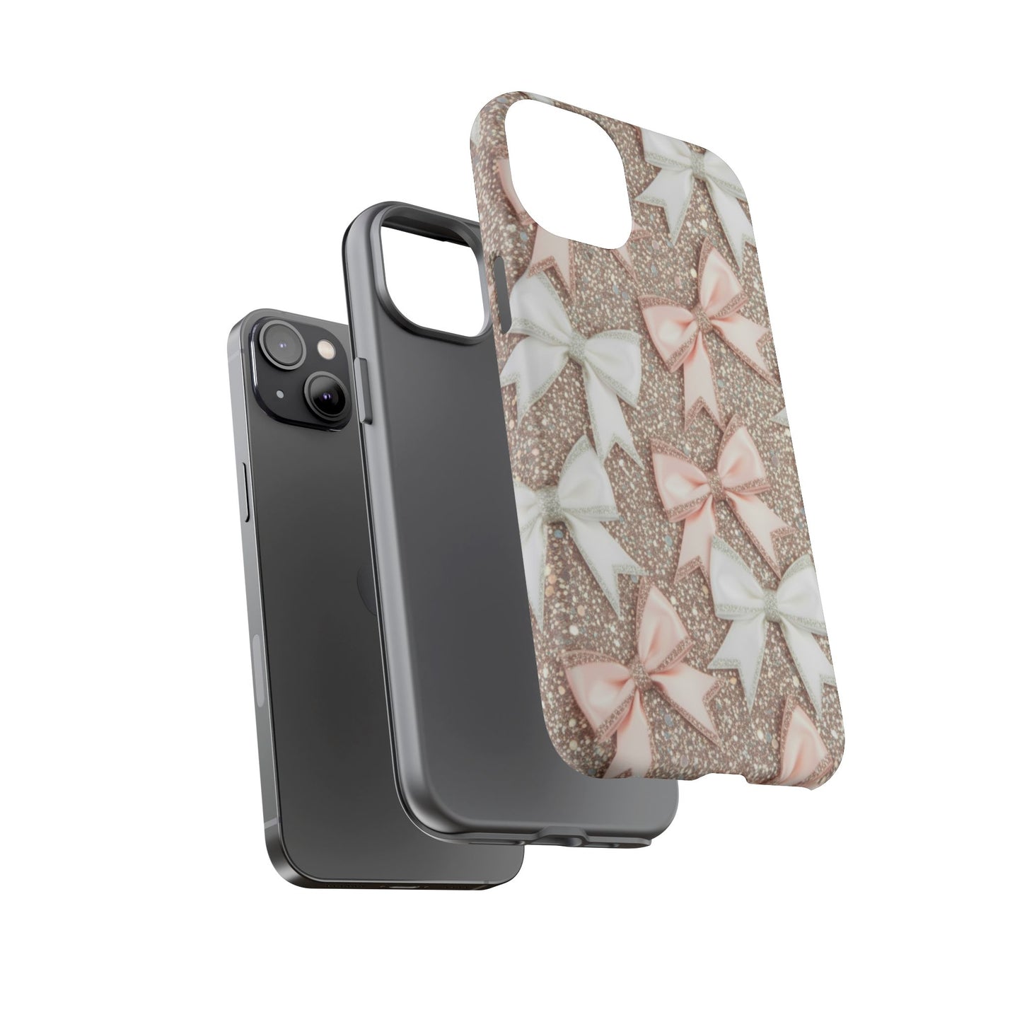 Glitter Bow Tough Phone Case — Pink & White Ribbon Protective Cover
