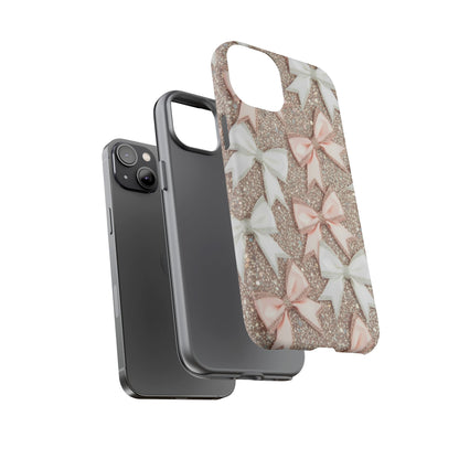 Glitter Bow Tough Phone Case — Pink & White Ribbon Protective Cover