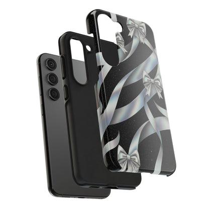 Silver Ribbon Bow Tough Phone Case — Glitter Black Protective Phone Case