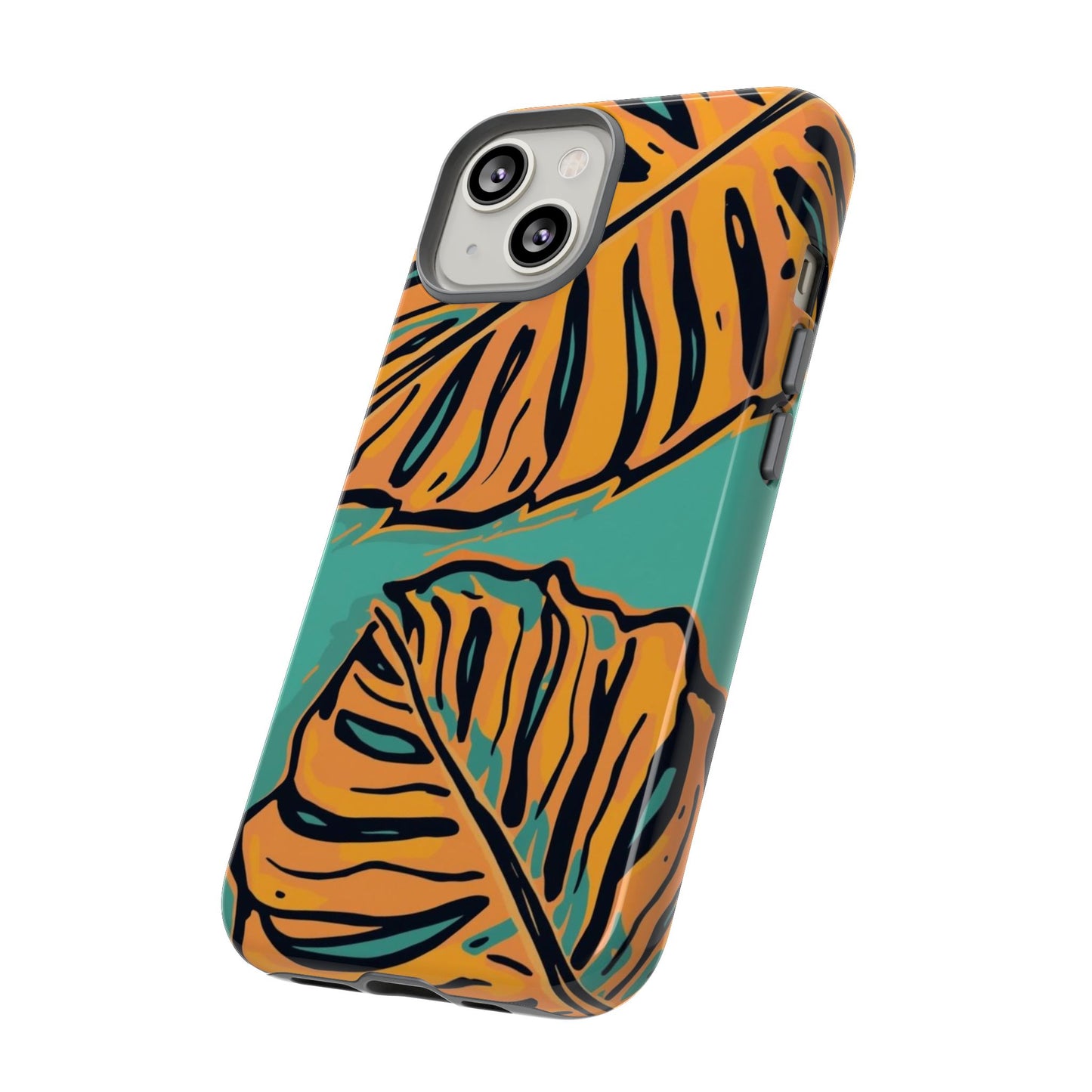 Tropical Leaf Tough Phone Case — Orange Monstera Design on Teal
