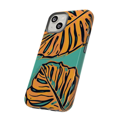 Tropical Leaf Tough Phone Case — Orange Monstera Design on Teal