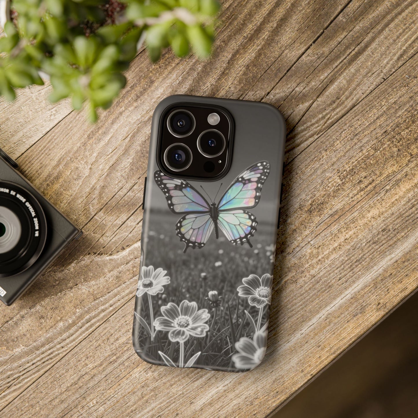 Butterfly Field Tough Phone Case — Pastel Holographic Butterfly on Black & White Floral Background