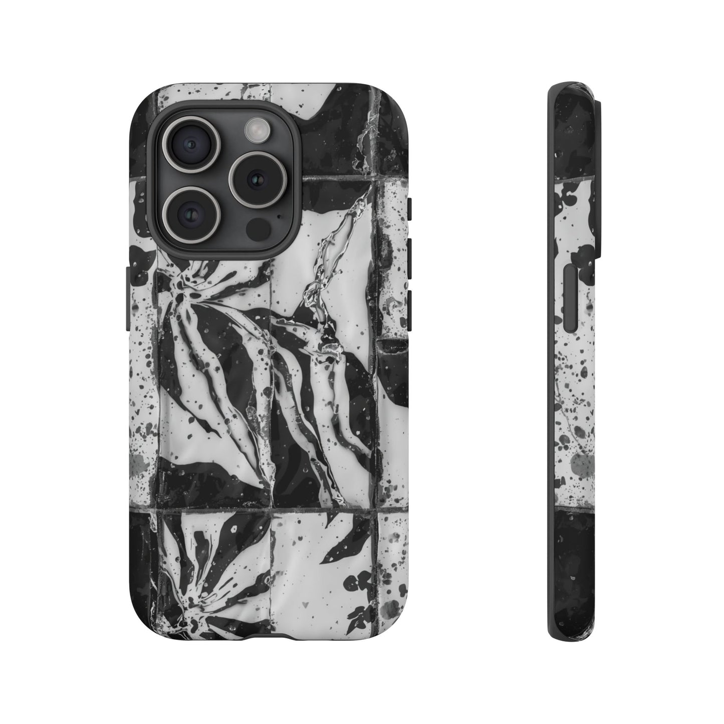 Monochrome Tile Floral Tough Phone Case