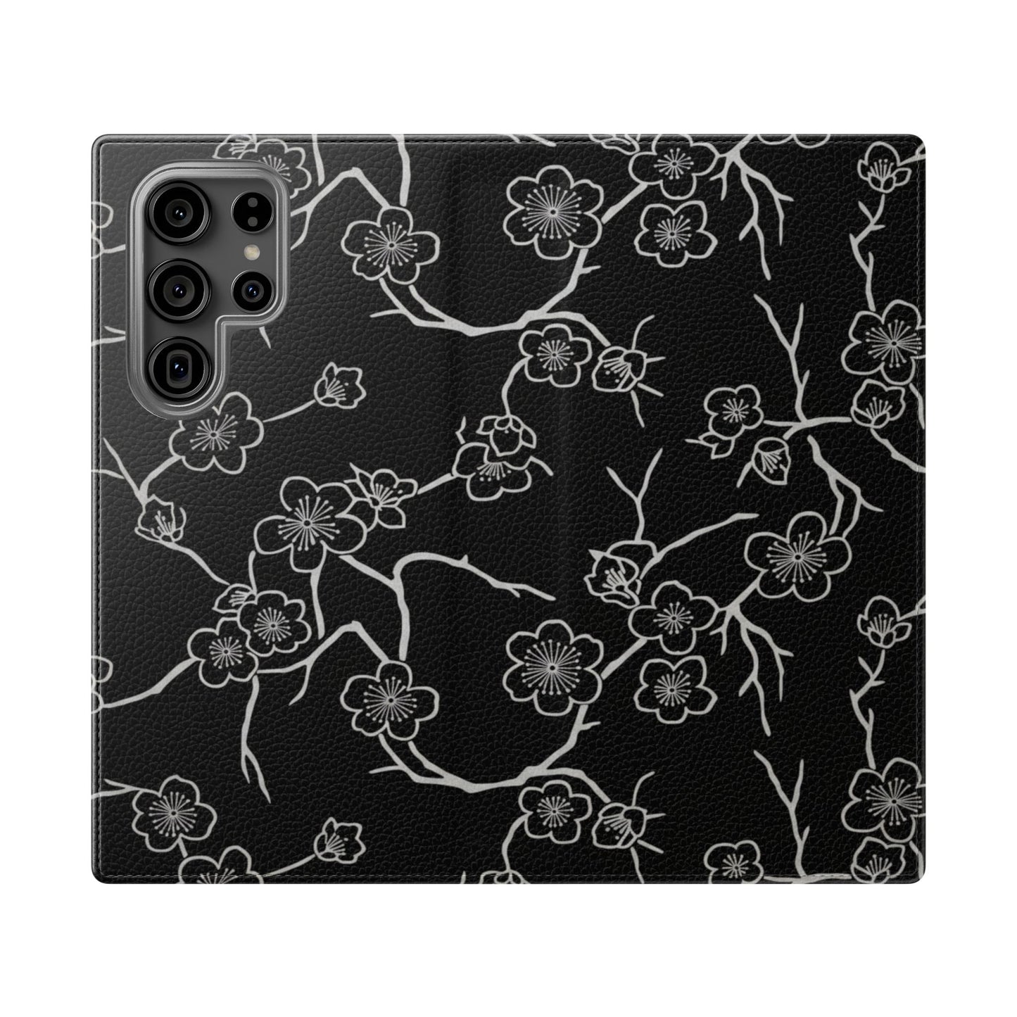 Black Cherry Blossom Flip Phone Case – Floral Wallet Flip Case with Card Slots