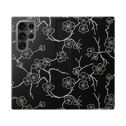 Black Cherry Blossom Flip Phone Case – Floral Wallet Flip Case with Card Slots