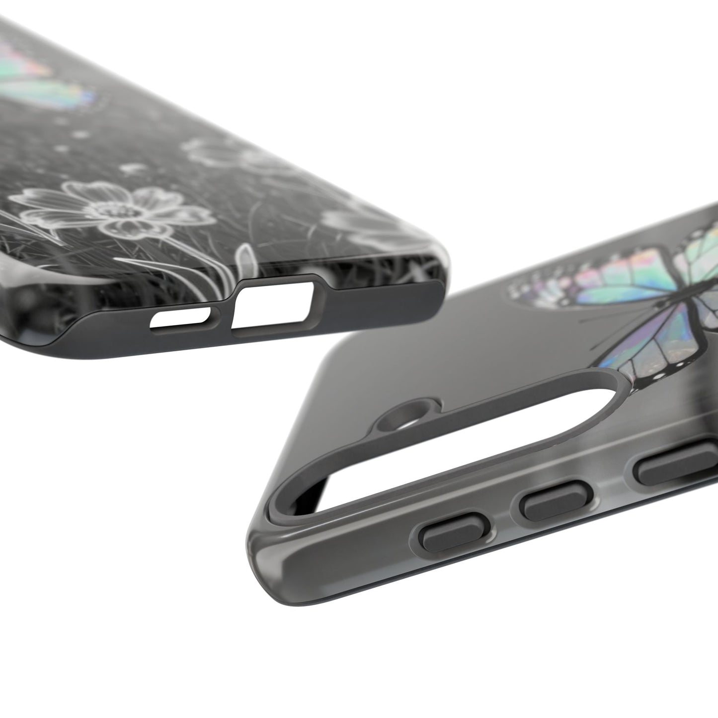 Butterfly Field Tough Phone Case — Pastel Holographic Butterfly on Black & White Floral Background