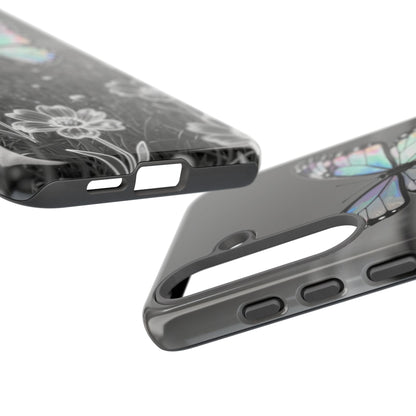 Butterfly Field Tough Phone Case — Pastel Holographic Butterfly on Black & White Floral Background