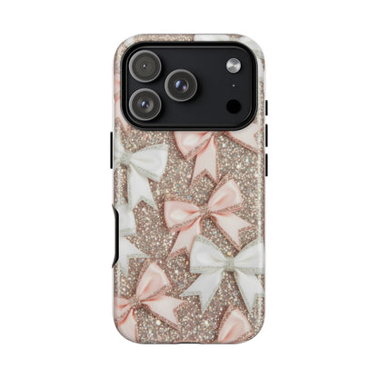 Glitter Bow Tough Phone Case — Pink & White Ribbon Protective Cover