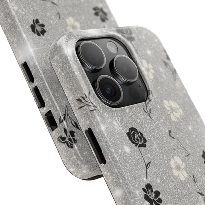Floral Glitter Tough Phone Case — Black & Silver Vintage Flower Protective Cover