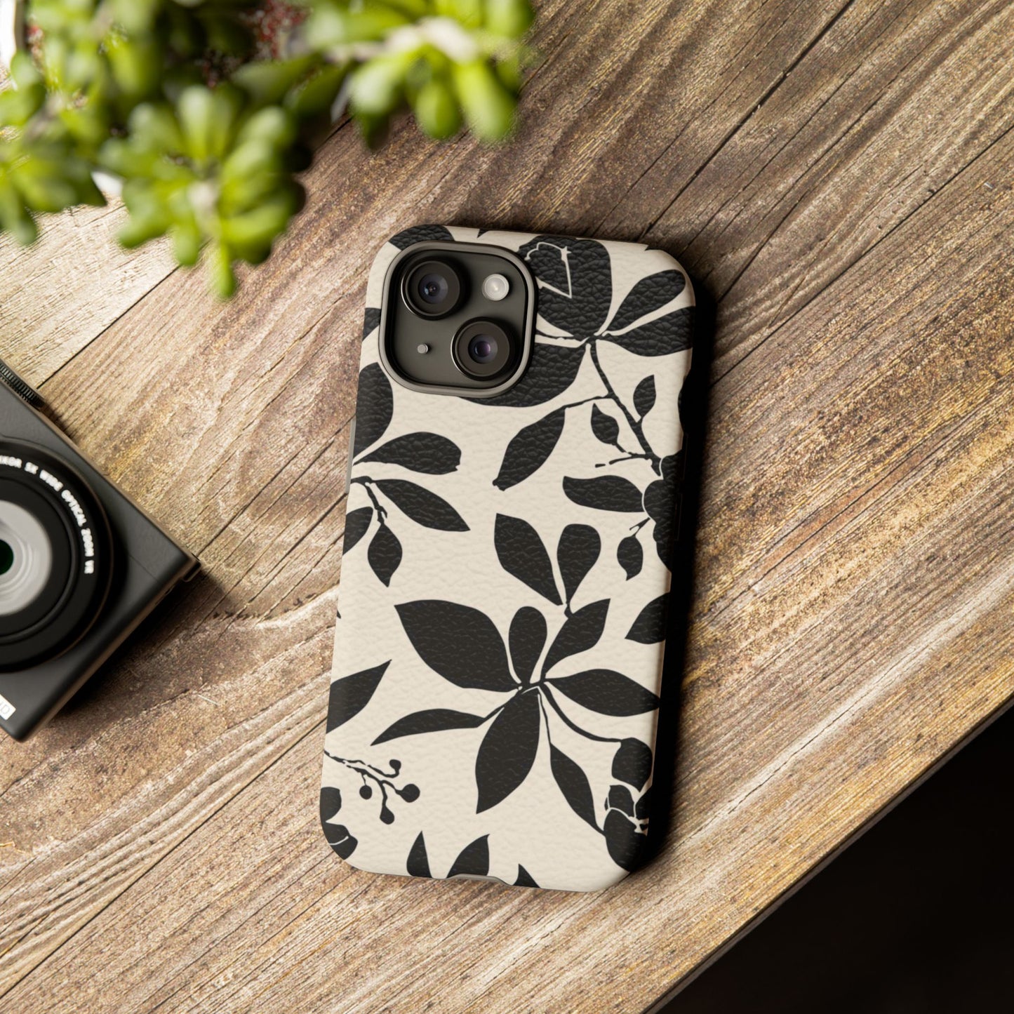 Black Floral Pattern Phone Case — Monochrome Botanical Tough Case