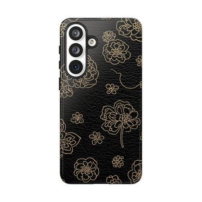 Floral Leather-Texture Tough Case – Black Gold Outline Phone Cover