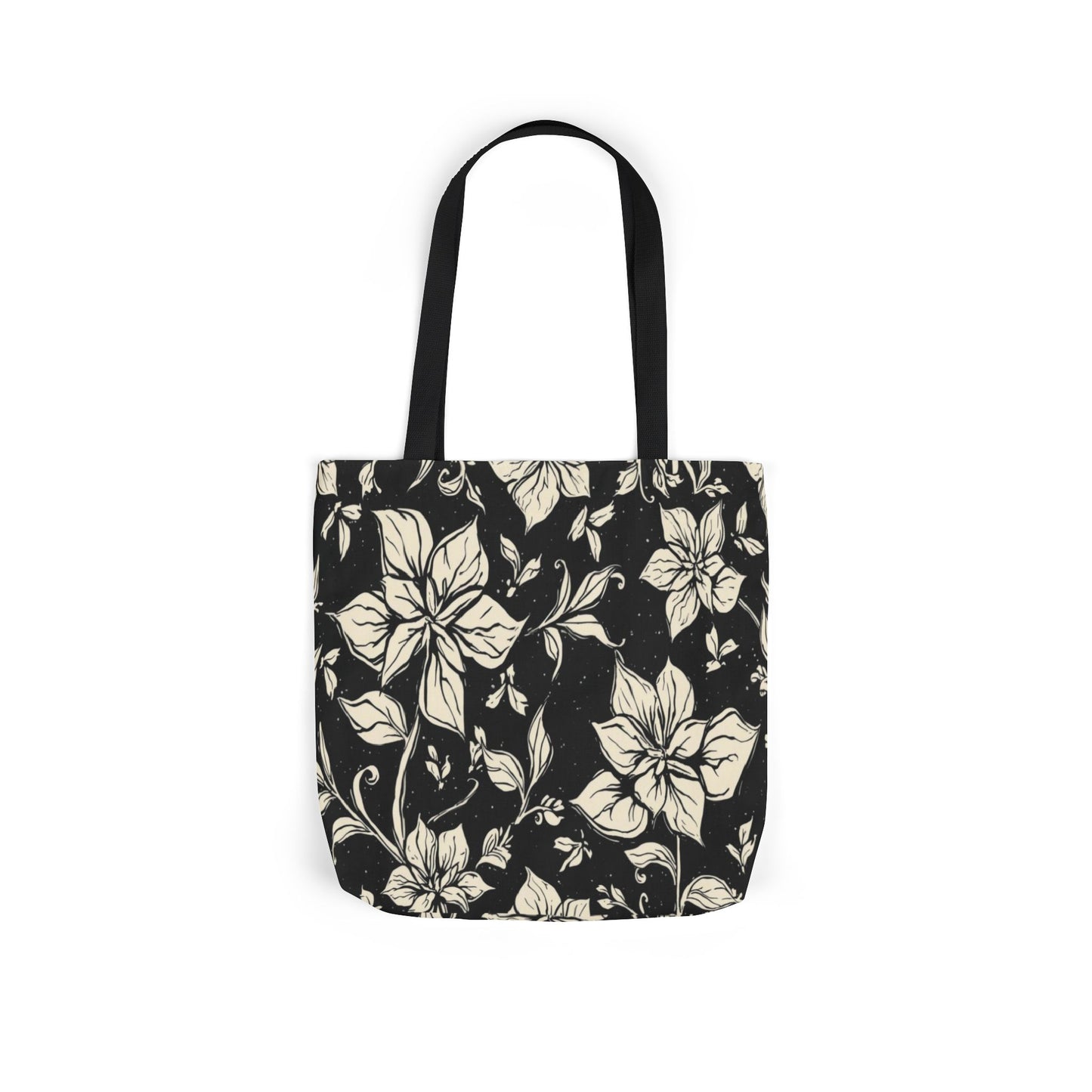 Vintage Floral Canvas Tote Bag – Black & Cream Flower Pattern with Contrast Straps