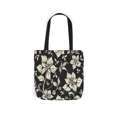 Vintage Floral Canvas Tote Bag – Black & Cream Flower Pattern with Contrast Straps