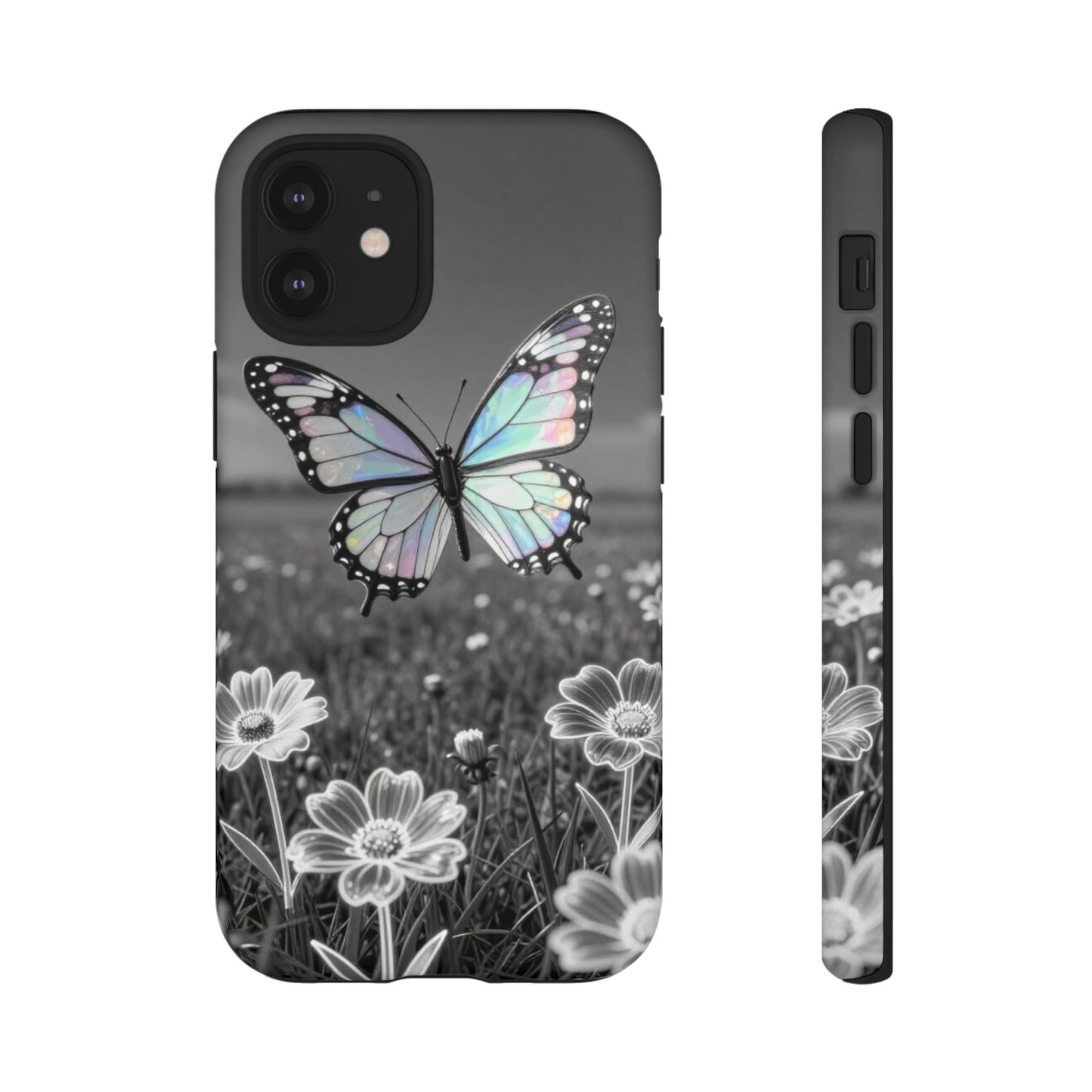 Butterfly Field Tough Phone Case — Pastel Holographic Butterfly on Black & White Floral Background