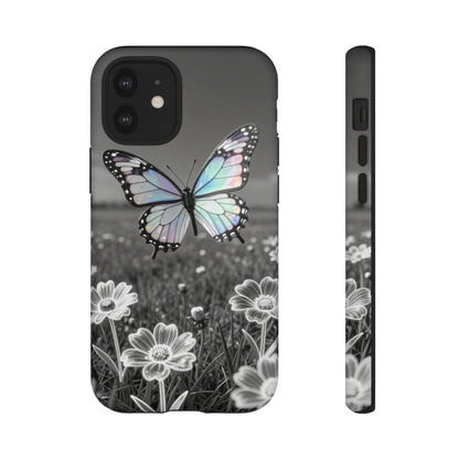 Butterfly Field Tough Phone Case — Pastel Holographic Butterfly on Black & White Floral Background