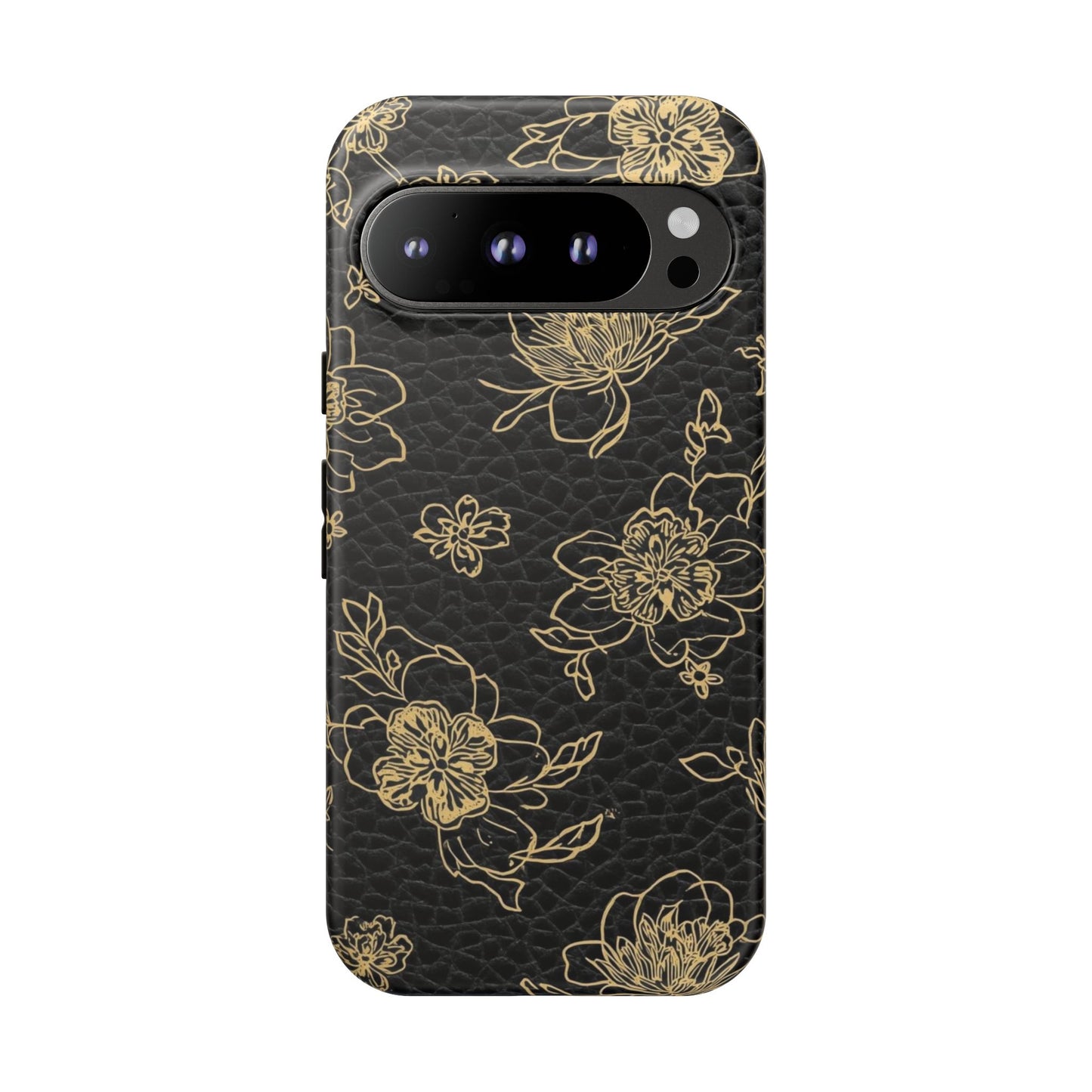 Floral Leather Phone Case — Gold Outline Flowers on Black Tough Case
