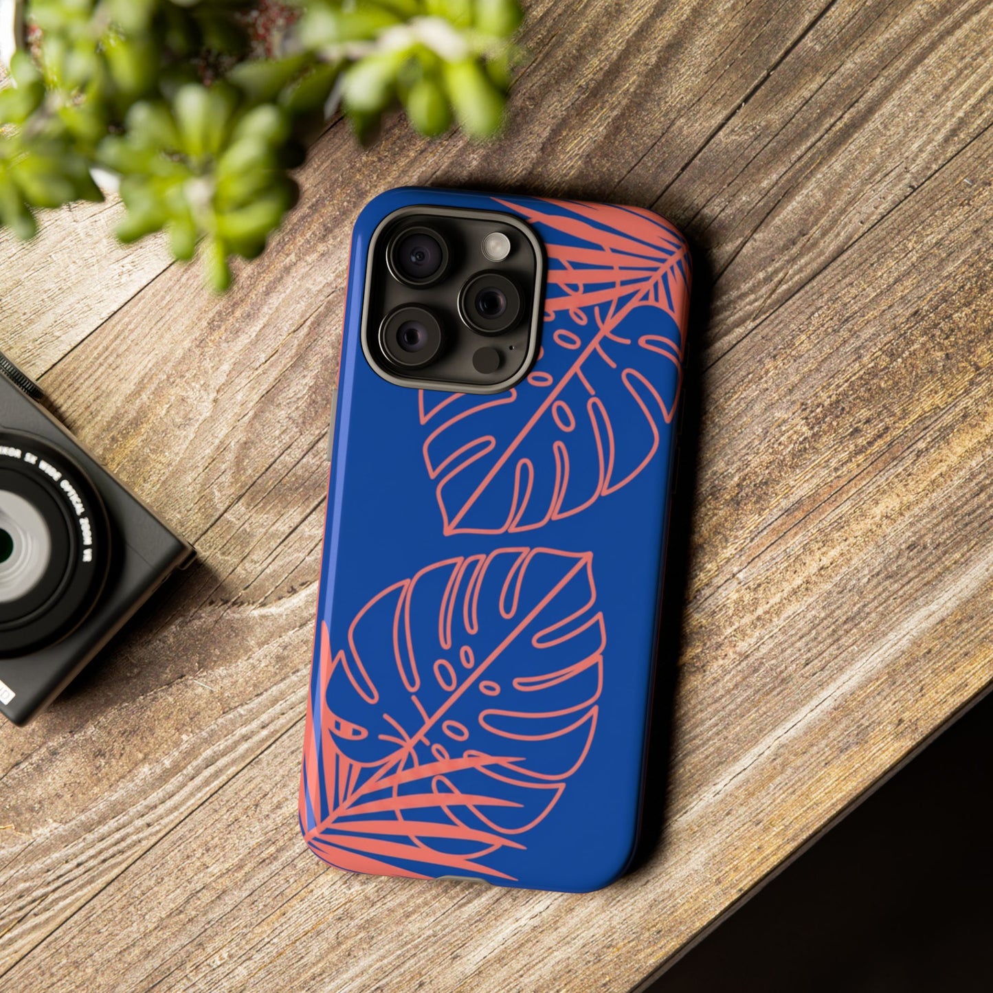 Tropical Monstera Phone Case — Blue & Coral Leaf Protective Cover