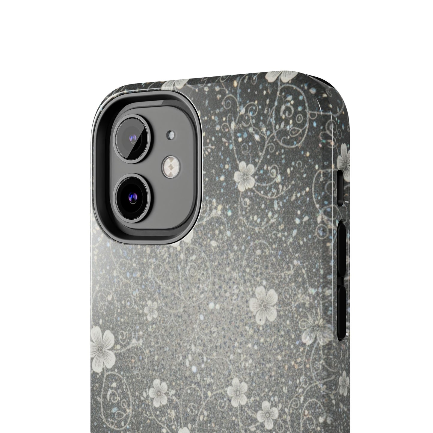 Floral Sparkle Tough Phone Case — Black & Silver Vintage Blossom