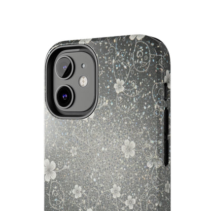 Floral Sparkle Tough Phone Case — Black & Silver Vintage Blossom