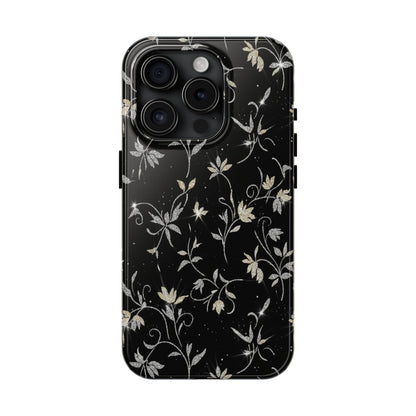 Floral Noir Tough Phone Case — Vintage Black Botanical Protective Cover