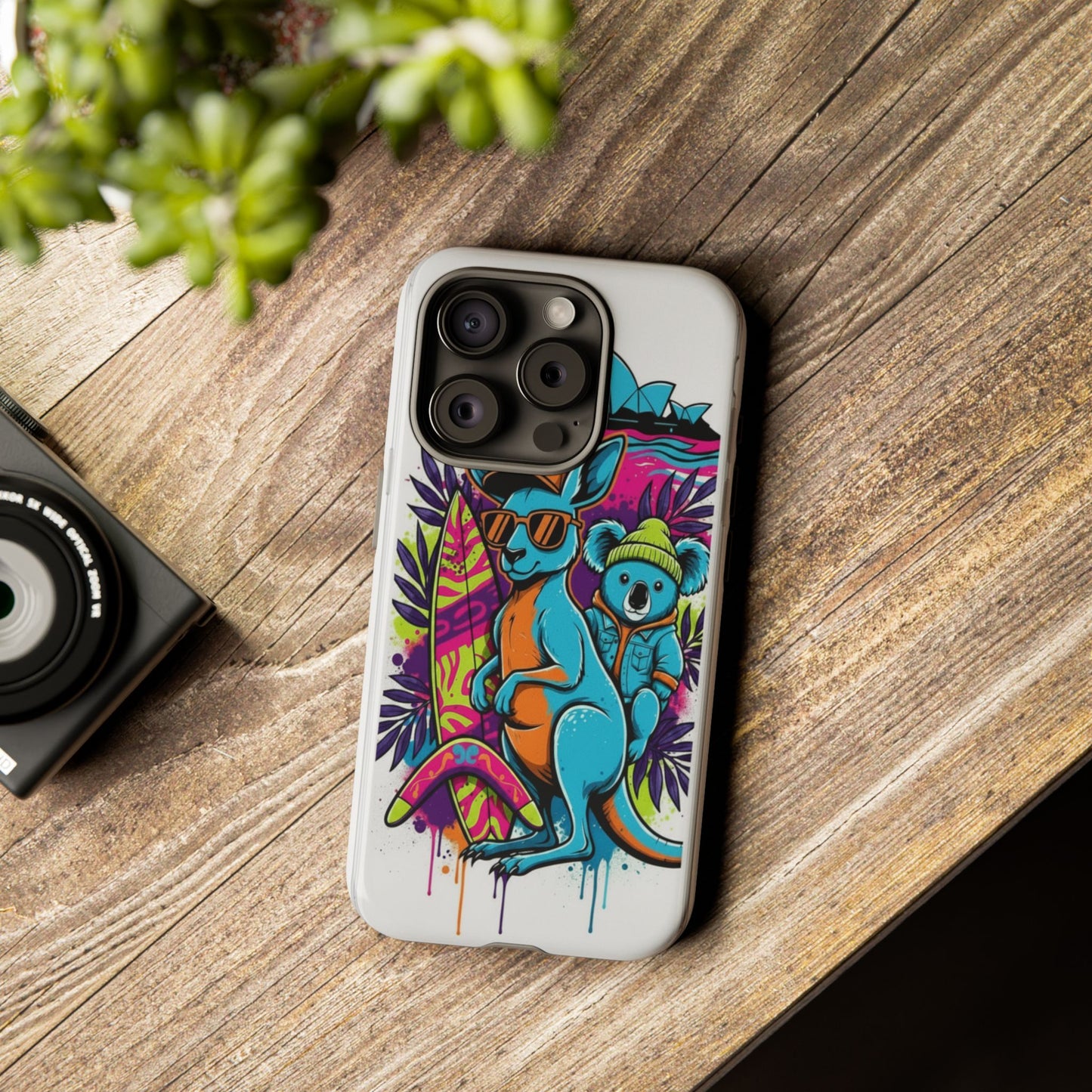 Kangaroo & Koala Surf Phone Case — Retro Neon Beach Art Tough Case